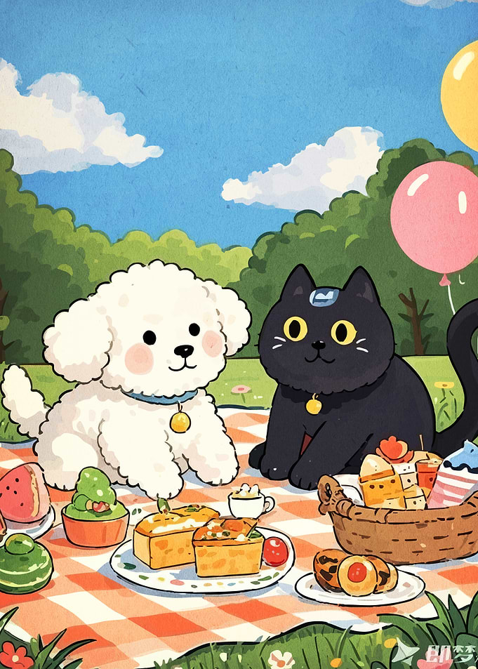 Dog and Cat Picnic Cartoon