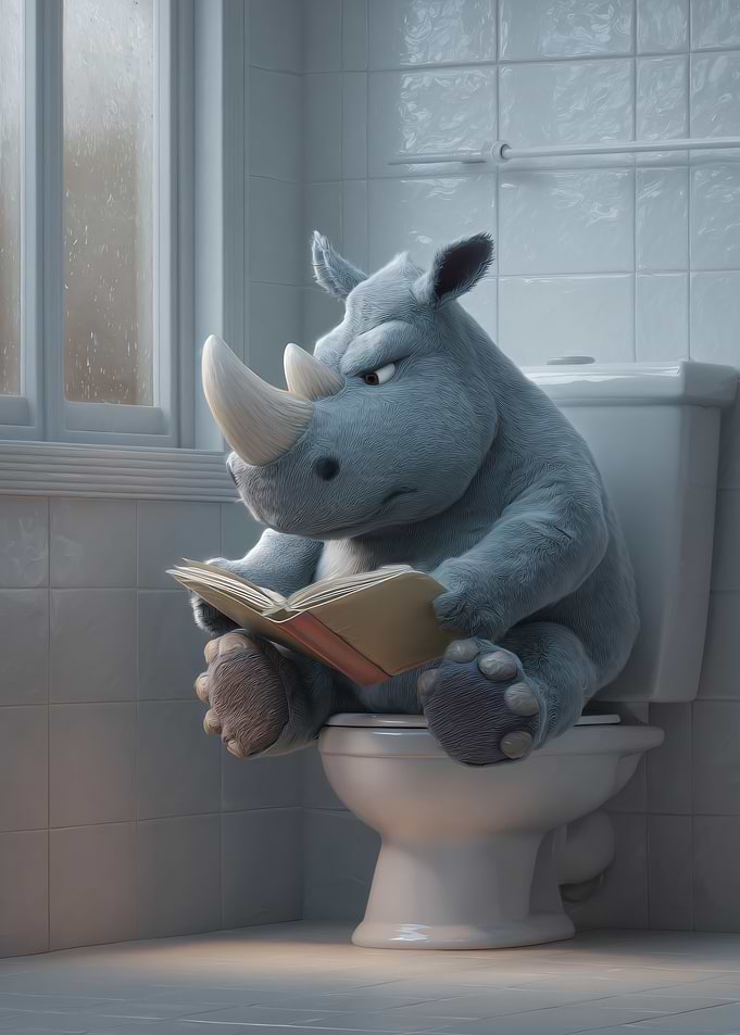 Rhino Reading on Toilet