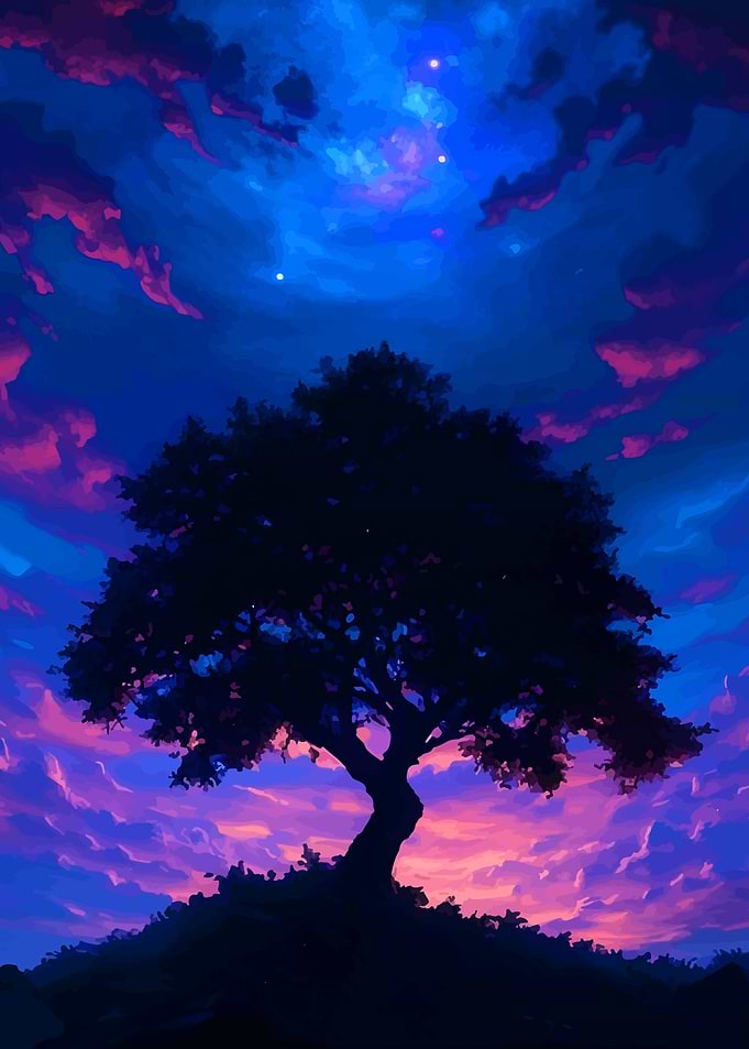 Silhouette Tree Under Colorful Night Sky