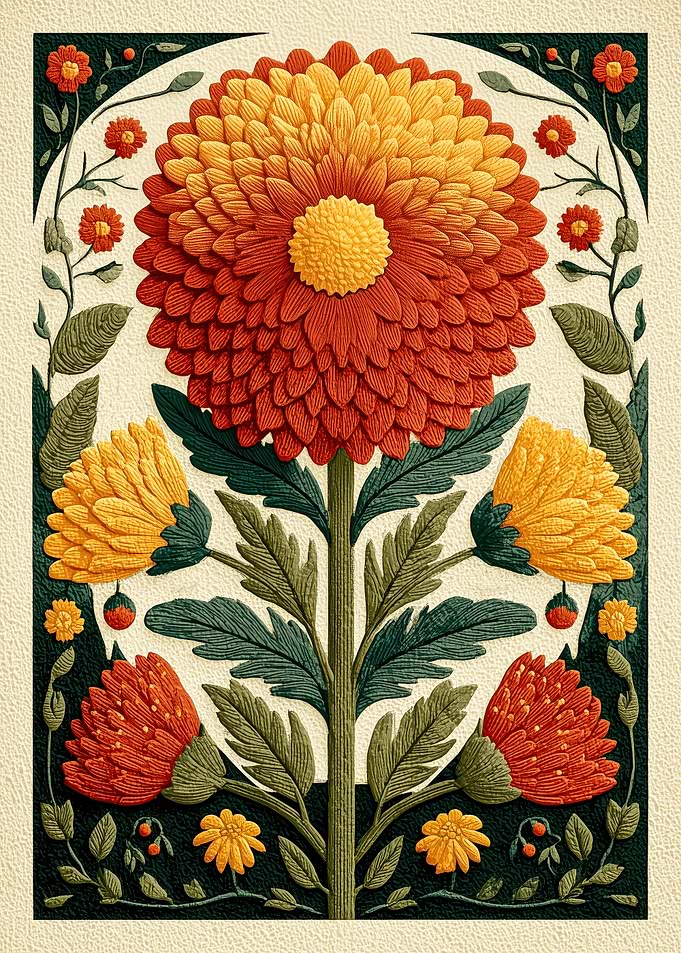 Marigold Folk Art Risograph Botanical — Golden Botanical Poster for Spa & Bedroom