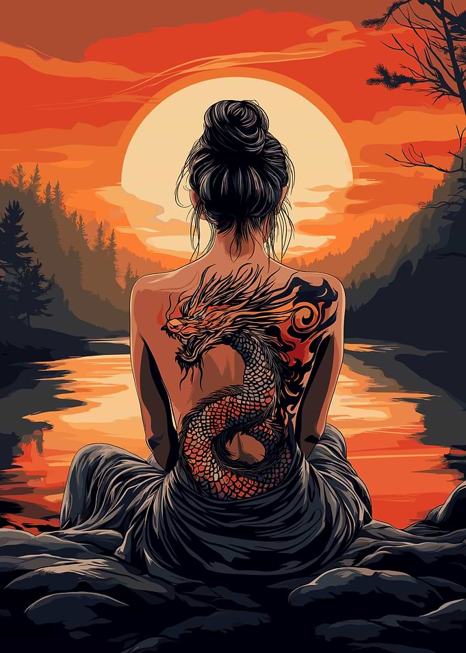 Japanese Samurai Woman with dragon tattoo