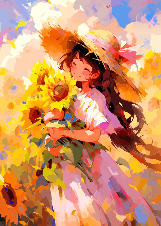 Girl with Sunflowers in a Field