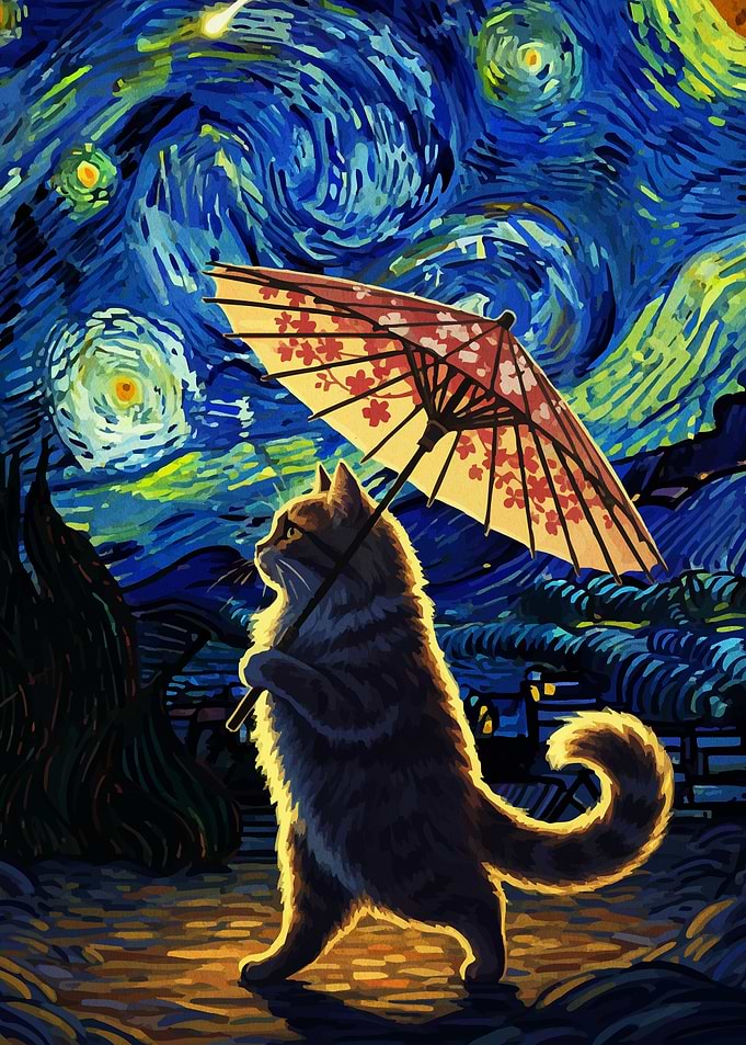 Cat Umbrella Starry Night Style