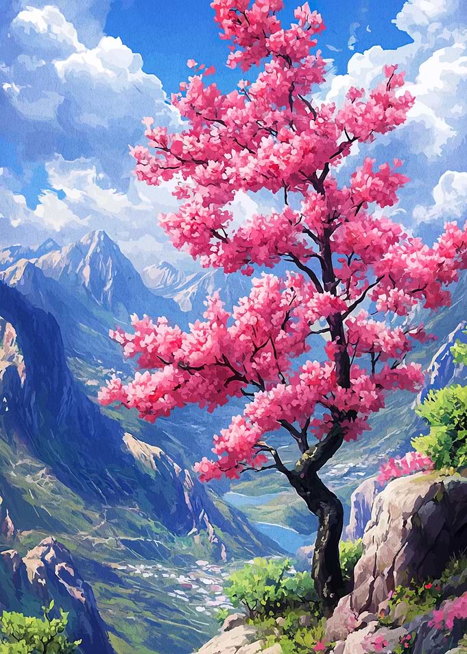 Cherry Blossom Tree in Mountain Landscape