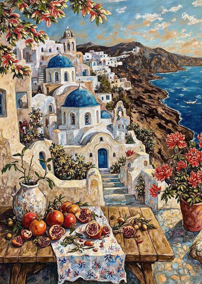Santorini Painting with Pomegranates