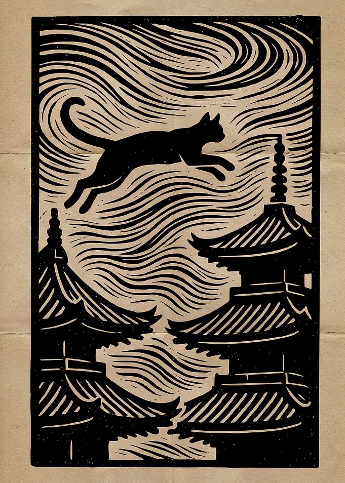 Black Cat Leaping Over Pagodas