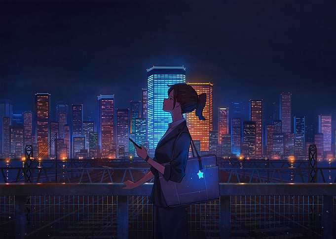 Anime Girl in Cityscape at Night