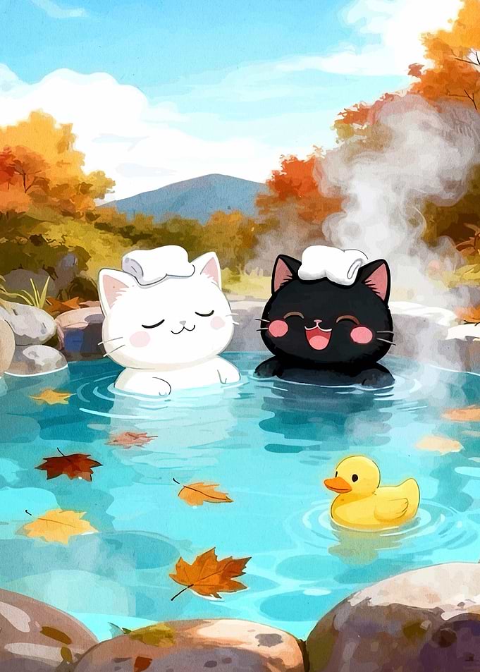 Cats in Hot Spring with Duck