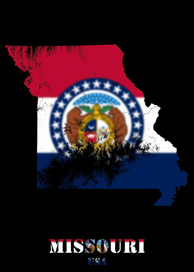 Missouri USA State Topographic Contour Relief Map blending terrain features into its emblematic colorful flag