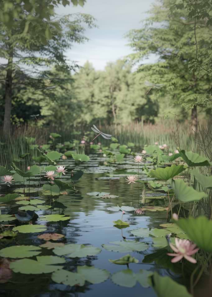Lily Pond with Dragonflies