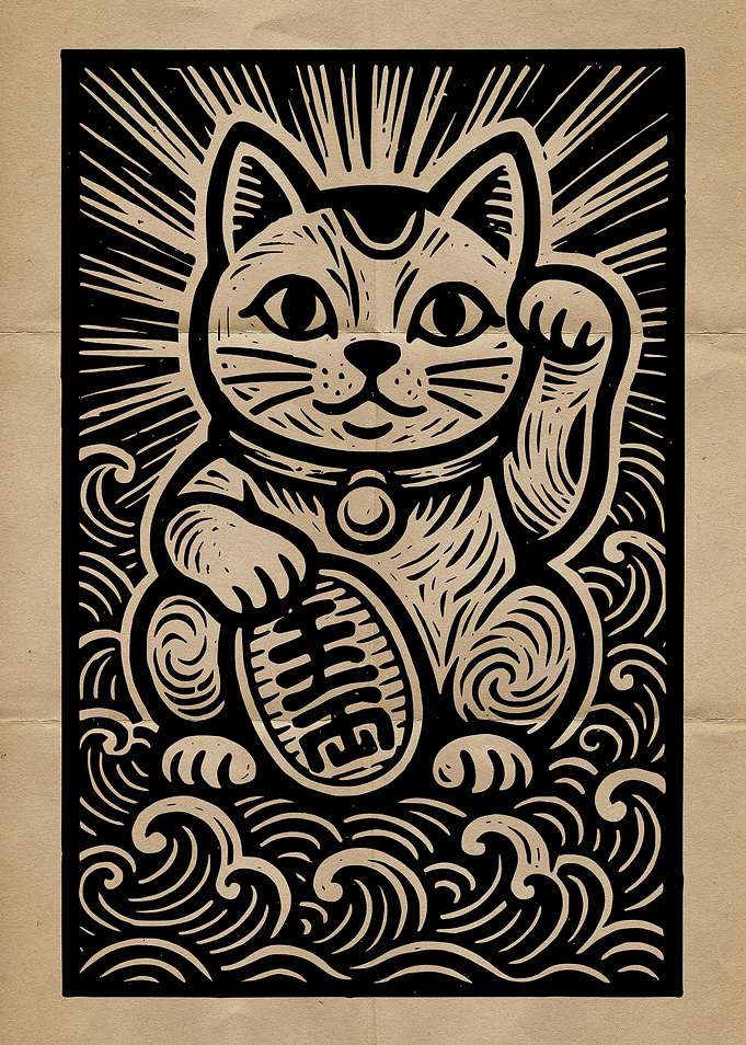 Maneki Neko Woodcut Print