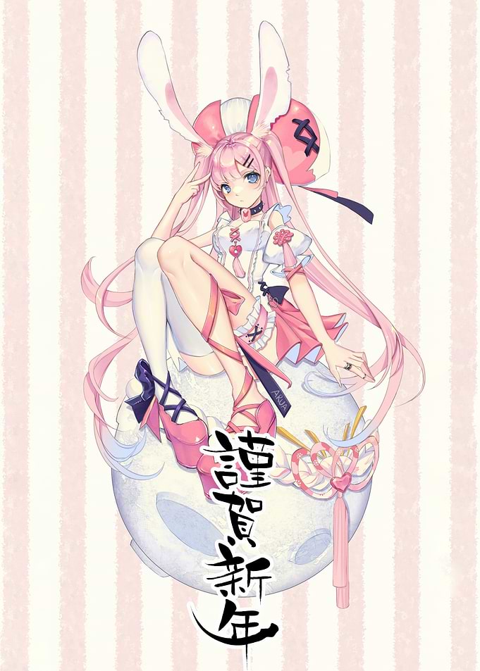 Anime Girl with Bunny Ears on Moon