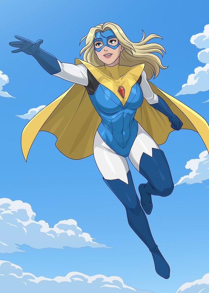 Flying Superheroine in Blue Sky