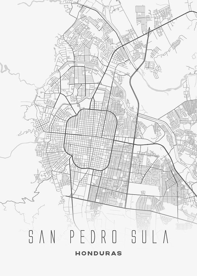 San Pedro Sula, Honduras - Minimal City Map Poster, Modern Monochrome Wall Art
