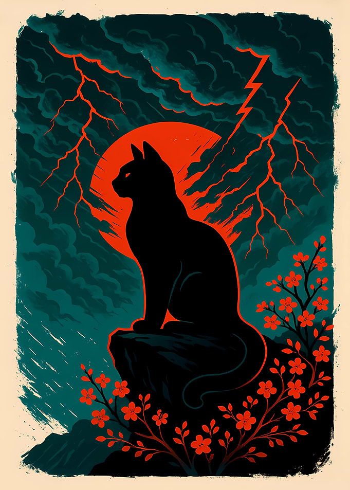 black cat silhouette japan style