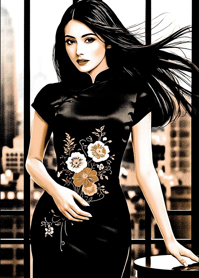 Woman in Cheongsam with Floral Design