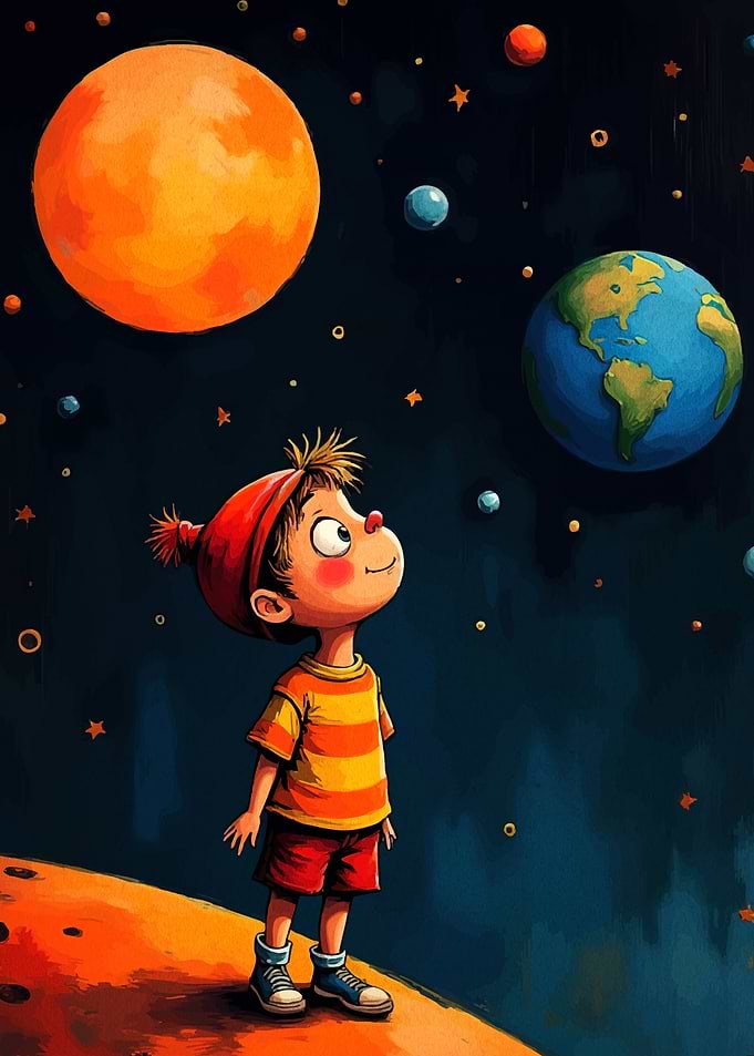 Boy Gazing Planets and Stars