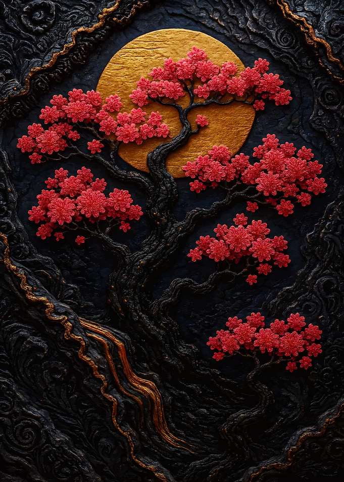 Cherry Blossom Tree with Golden Moon