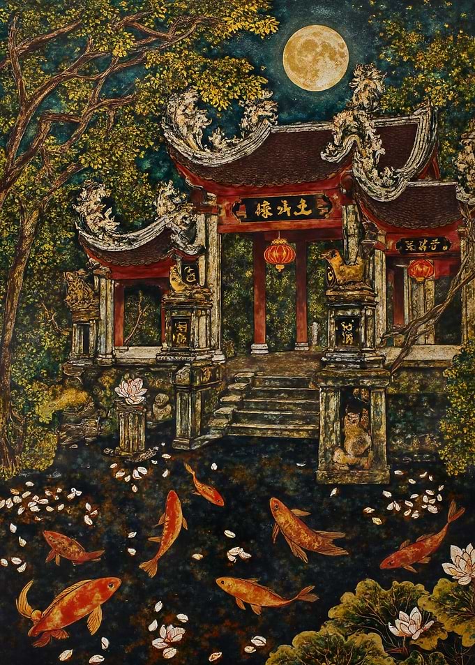 Asian Temple with Koi Pond Painting