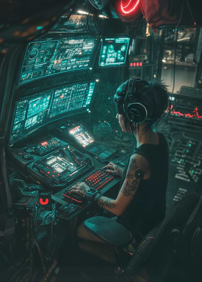 Cyberpunk Operator in Futuristic Cockpit