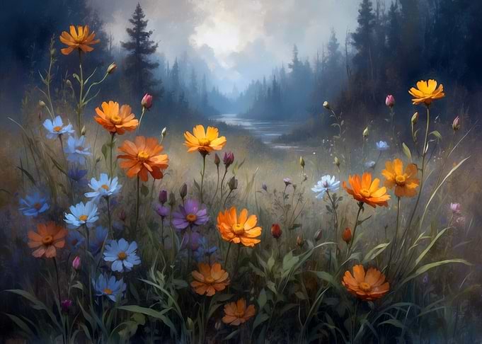 Floral Meadow by Forest Stream