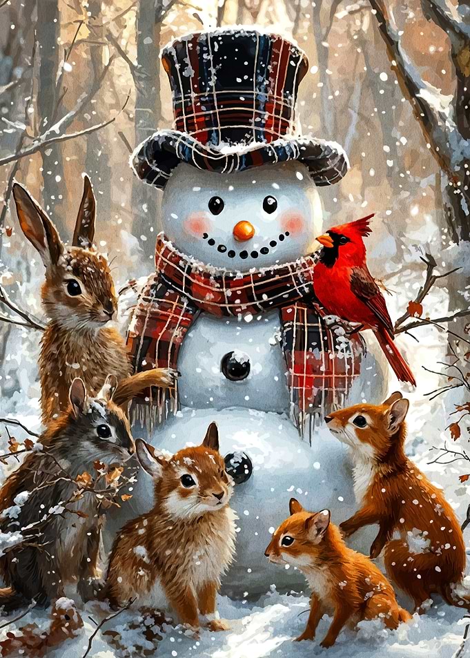 Snowman and Forest Animals in Winter
