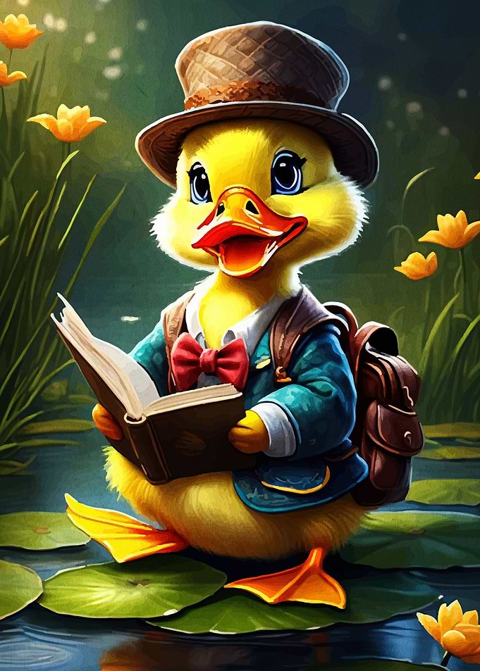 Duckling Reading Book in Nature