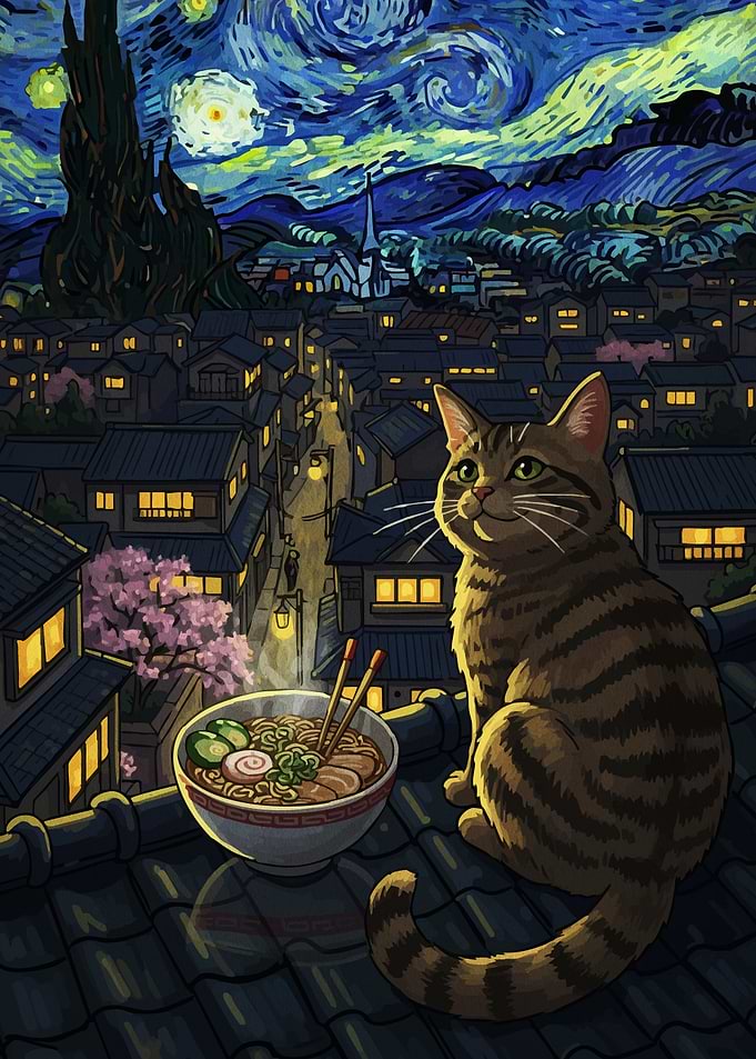 Cat Ramen Starry Night