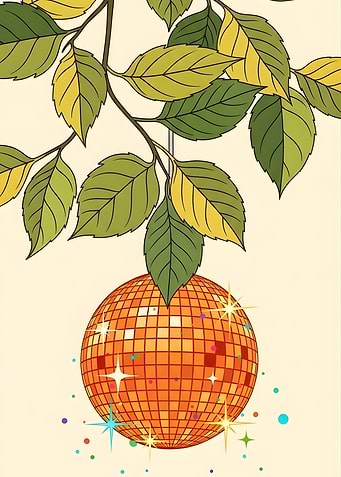 Disco ball hanging from tree branch