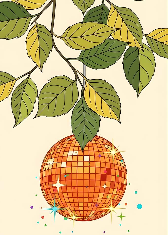 Disco ball hanging from tree branch