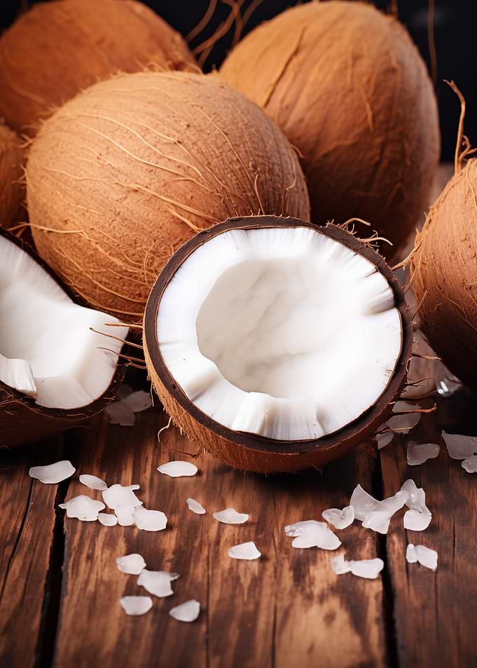 Coconuts on Wooden Surface