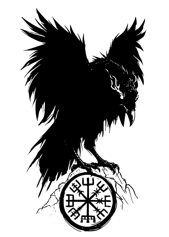 Black Raven with Vegvisir Symbol