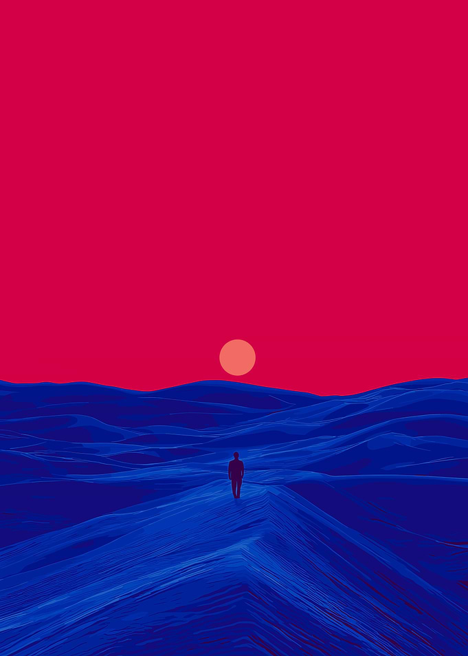 Crimson Sky, Blue Dunes, Solitary Figure