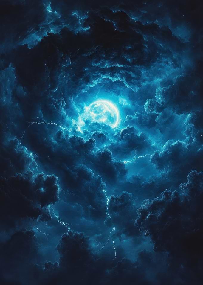Dramatic Blue Storm Clouds and Moon