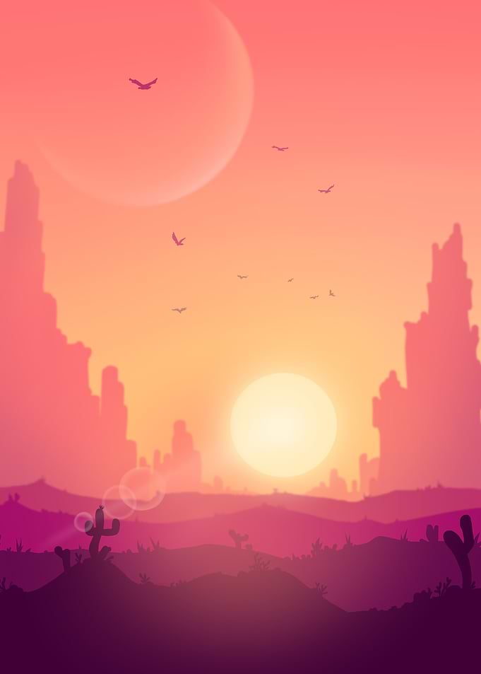 Desert Sunset Landscape with Birds