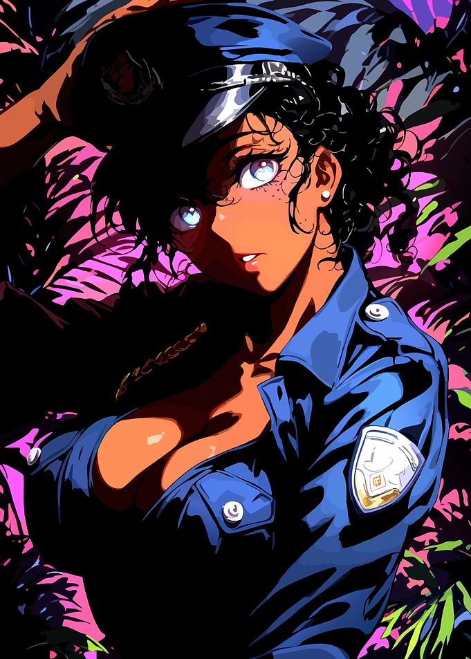 Anime Police Officer in Tropical Setting