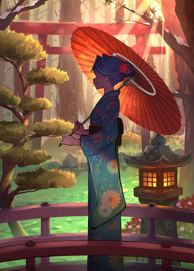 Kimono Girl with Parasol in Garden