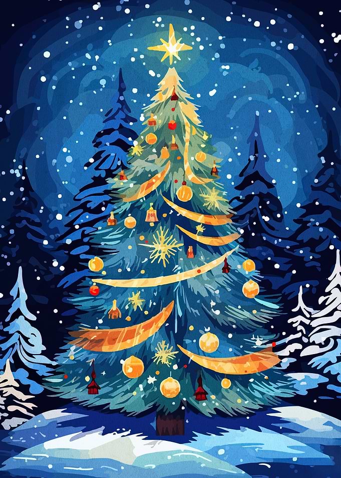 Christmas Tree in Snowy Forest