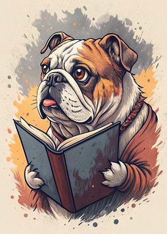 Bulldog Reading a Book Illustration
