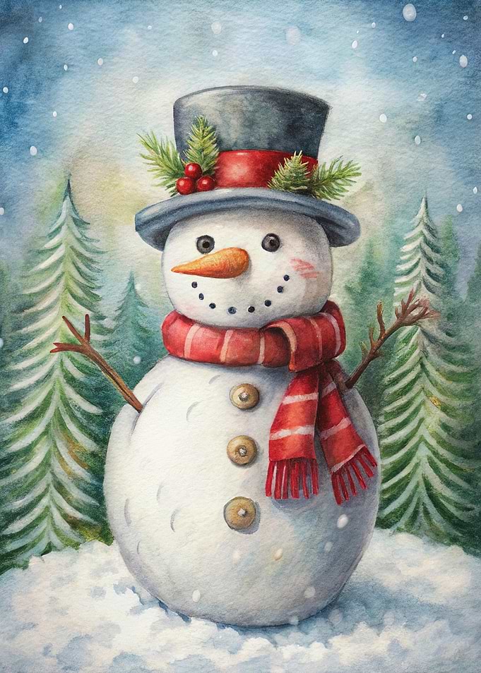 Watercolor Snowman in Winter Forest