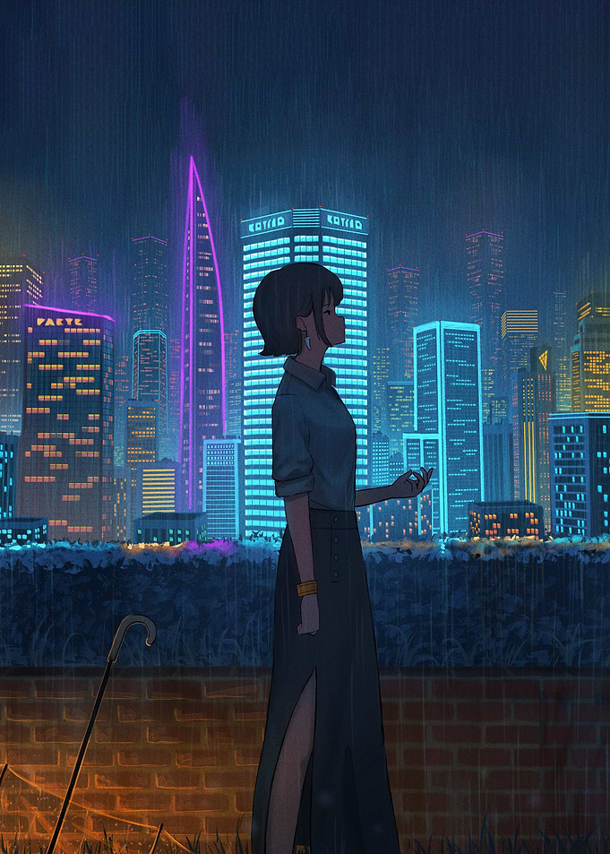 Rainy Cityscape with Woman
