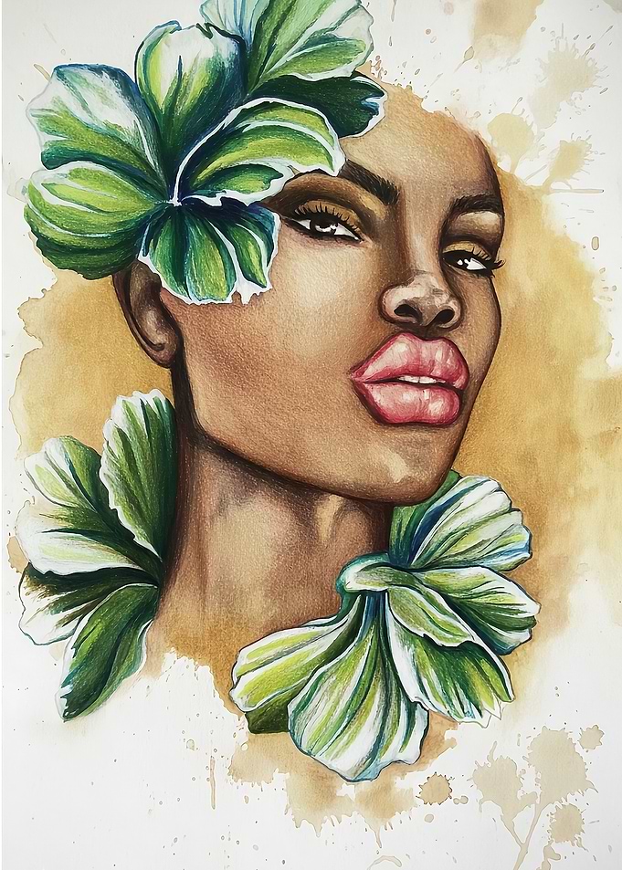 Woman with Green Floral Adornments Portrait