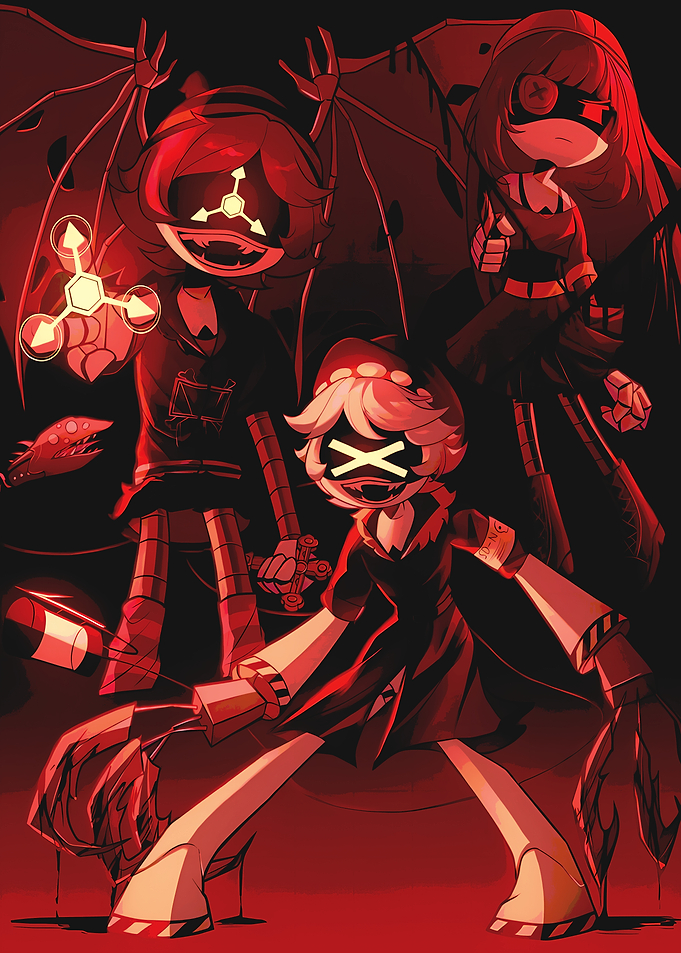 Murder Drones characters in red lighting