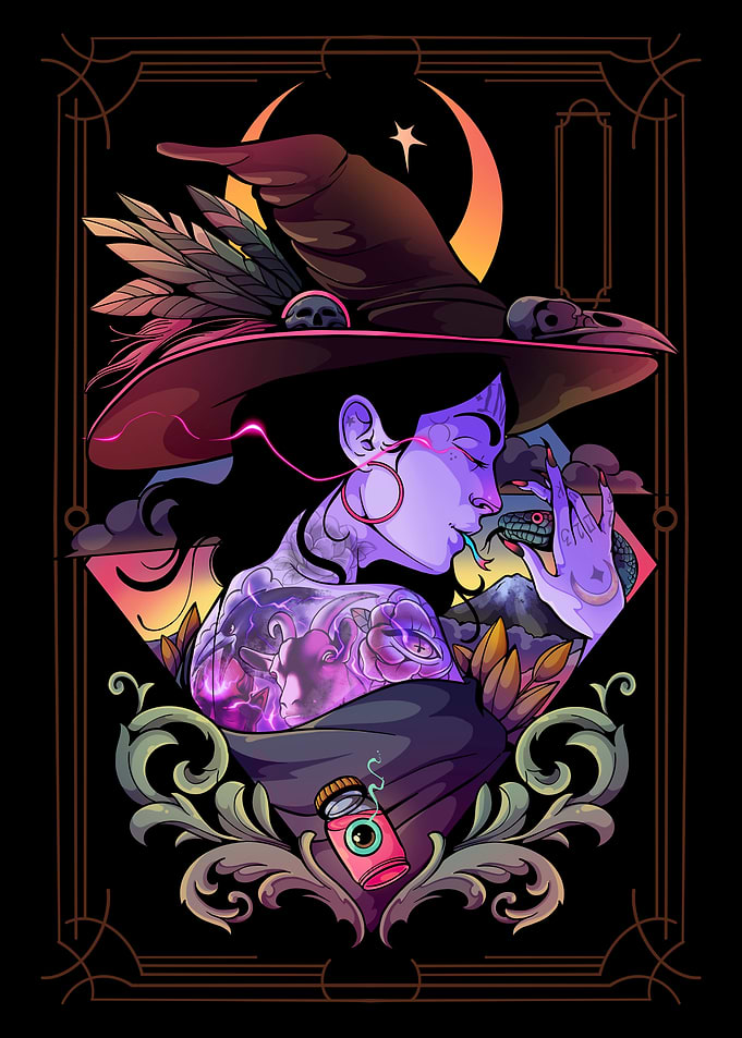 Tattooed Witch with Snake and Potion