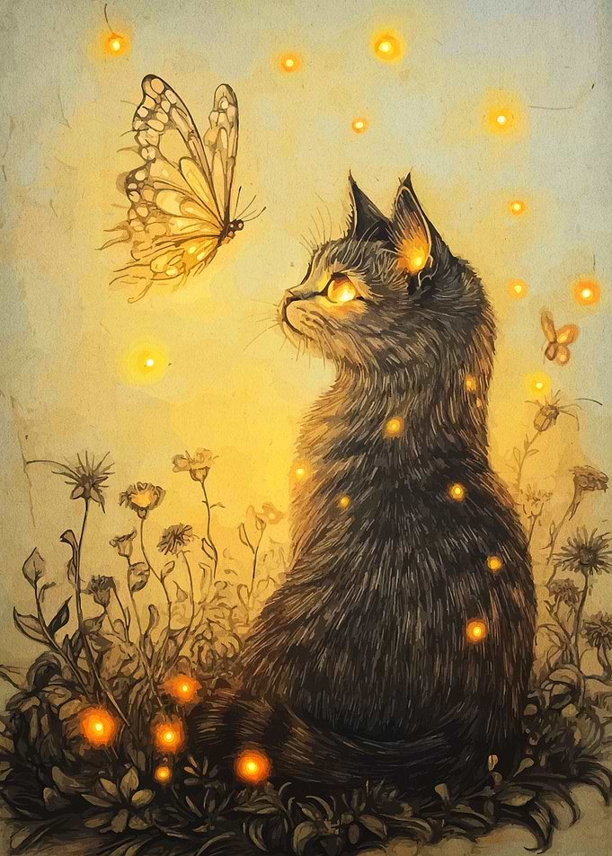 Cat and Butterfly in Golden Light