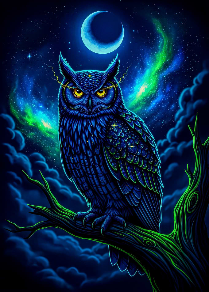 Neon Owl Under Crescent Moon