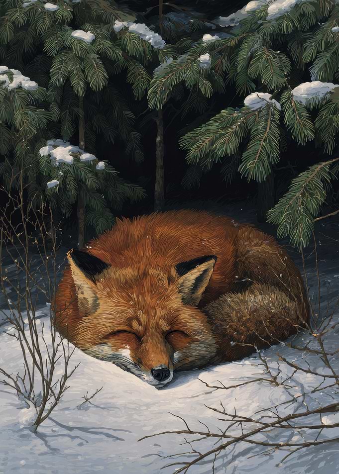 Sleeping Fox in Winter Forest Painting