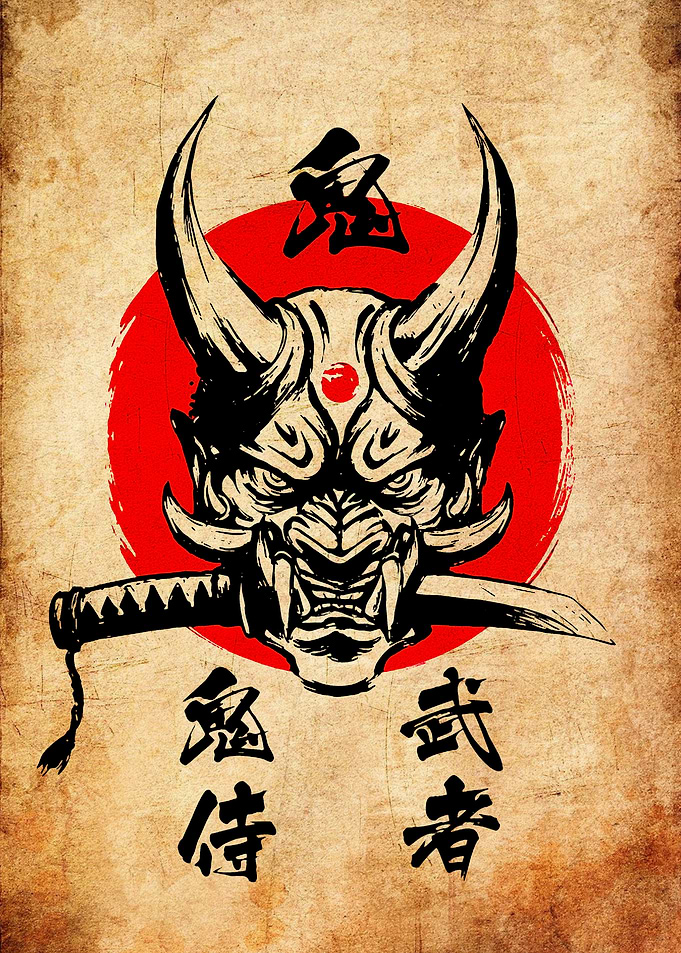 Oni Mask with Katana and Kanji