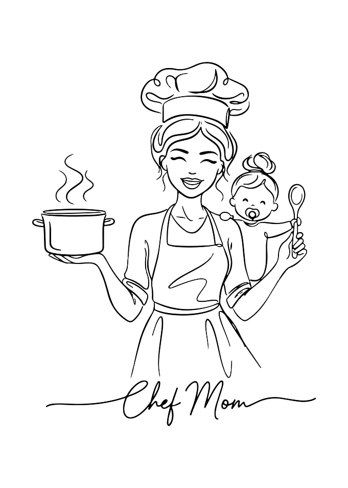Chef Mom Line Art Illustration