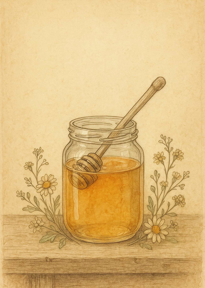 Vintage Honey Jar with Dipper and Flowers